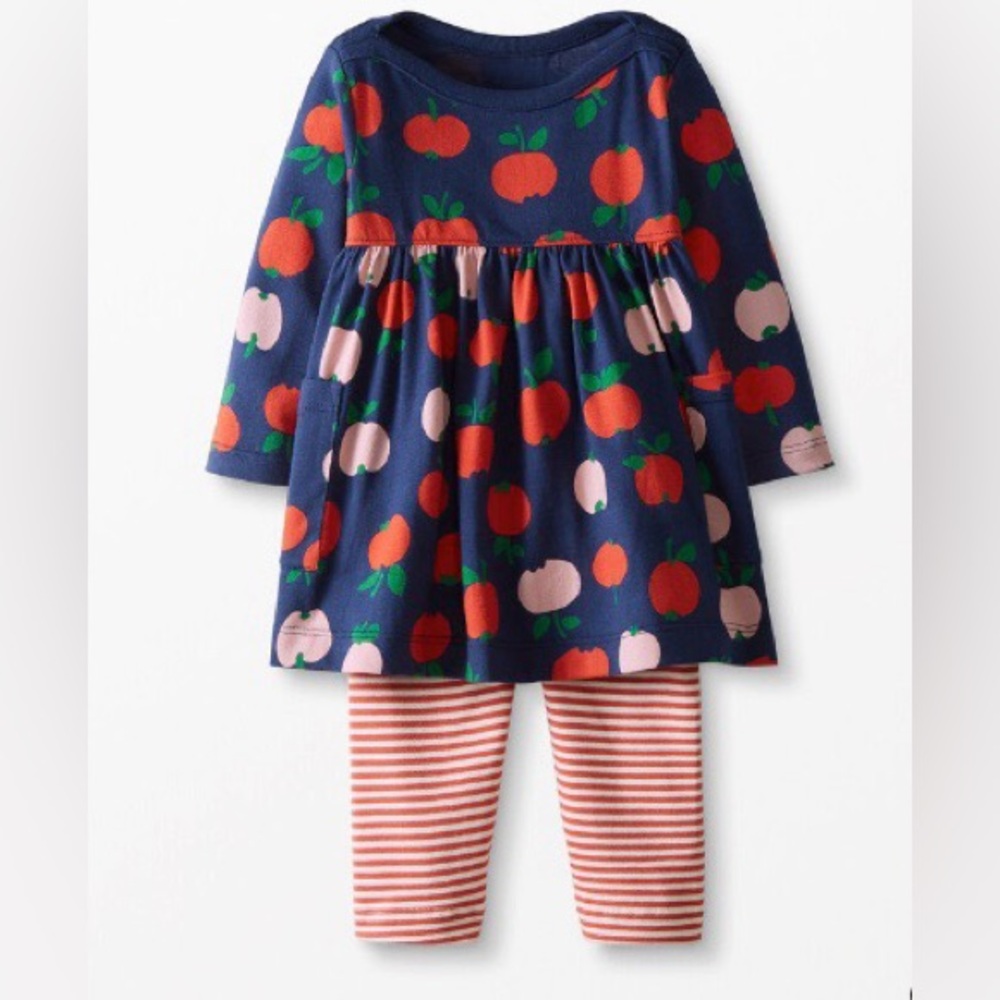 Hanna Andersson Baby Pocket Dress & Legging Set, Navy w/Apples - Size 50 (NIP)